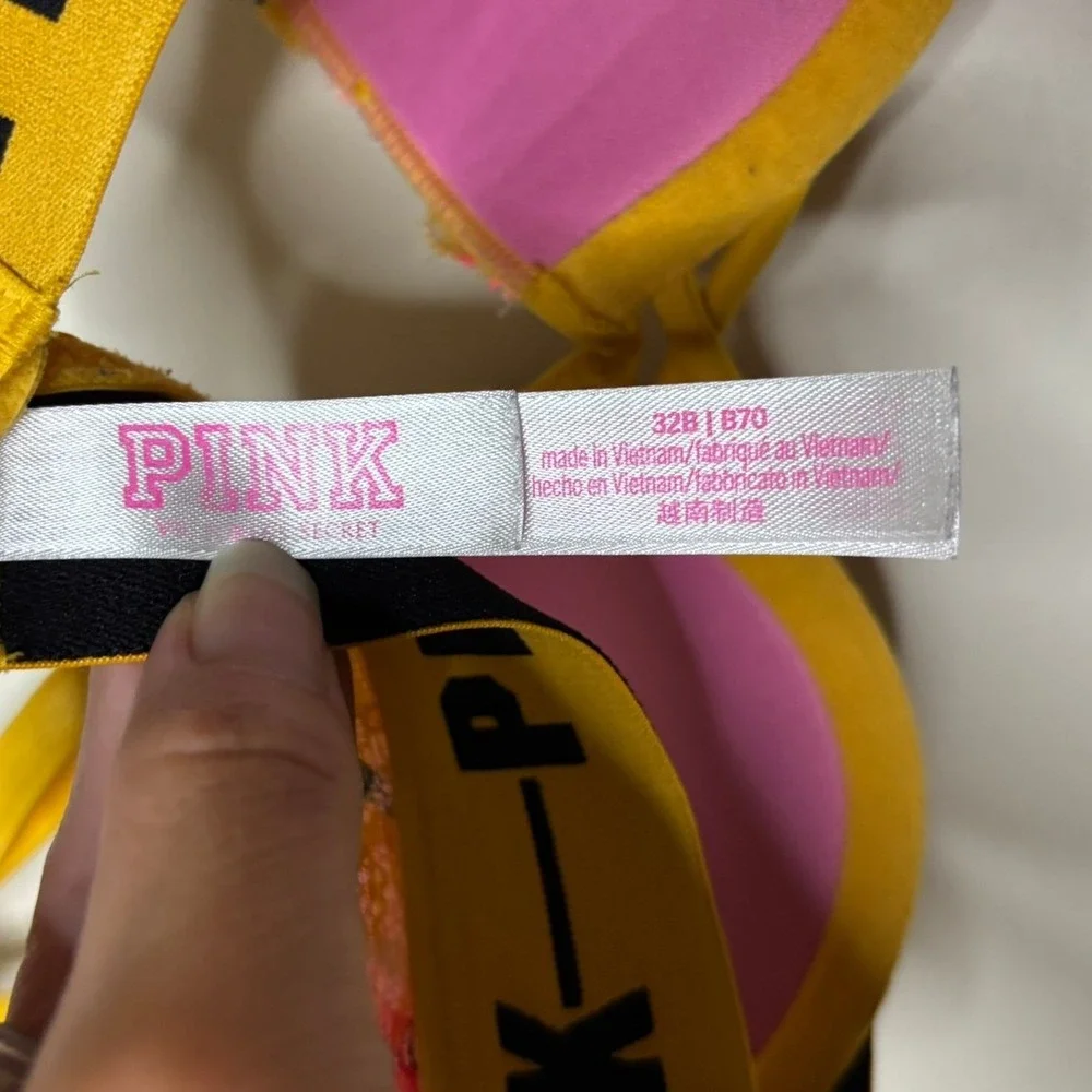 Victoria's Secret PINK Date Push-Up Bra Yellow Floral Lace Logo Band 32B